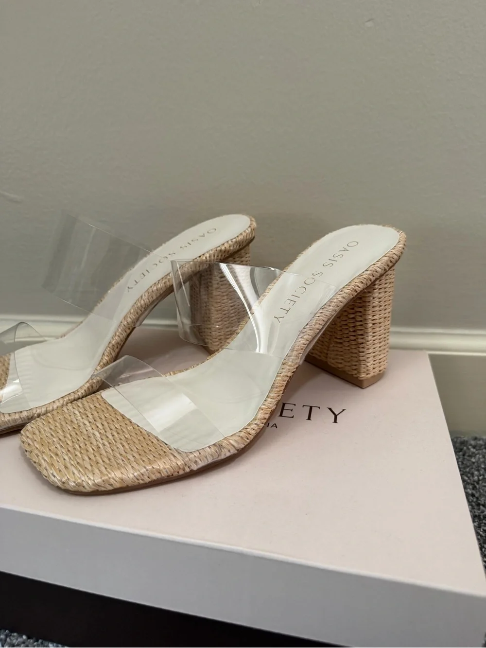 Oasis Society Clear-Strap Natural Woven Block Heel Mules